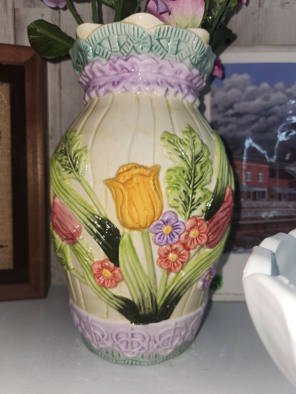 Majolica Ceramic Floral Relief Vase - Yellow Tulip Accent